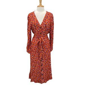 Loft Dress Rust Dot Print Button Front Long Sleeve V Neck Size 14 NEW